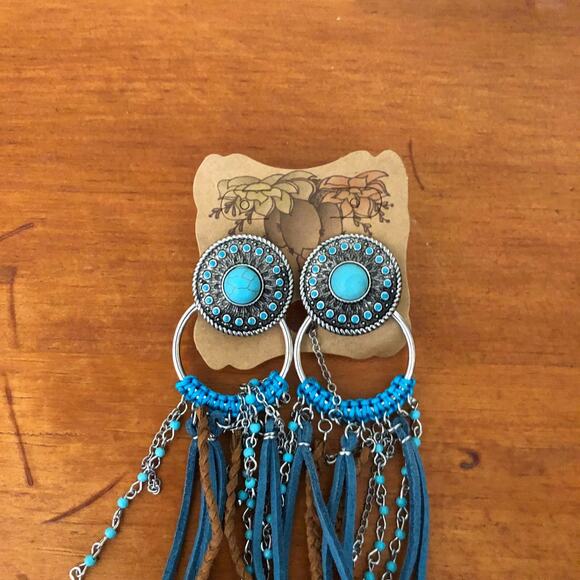 Justin Boots Turquoise Western Concho Earrings with Fringe NWT - Picture 4 of 14